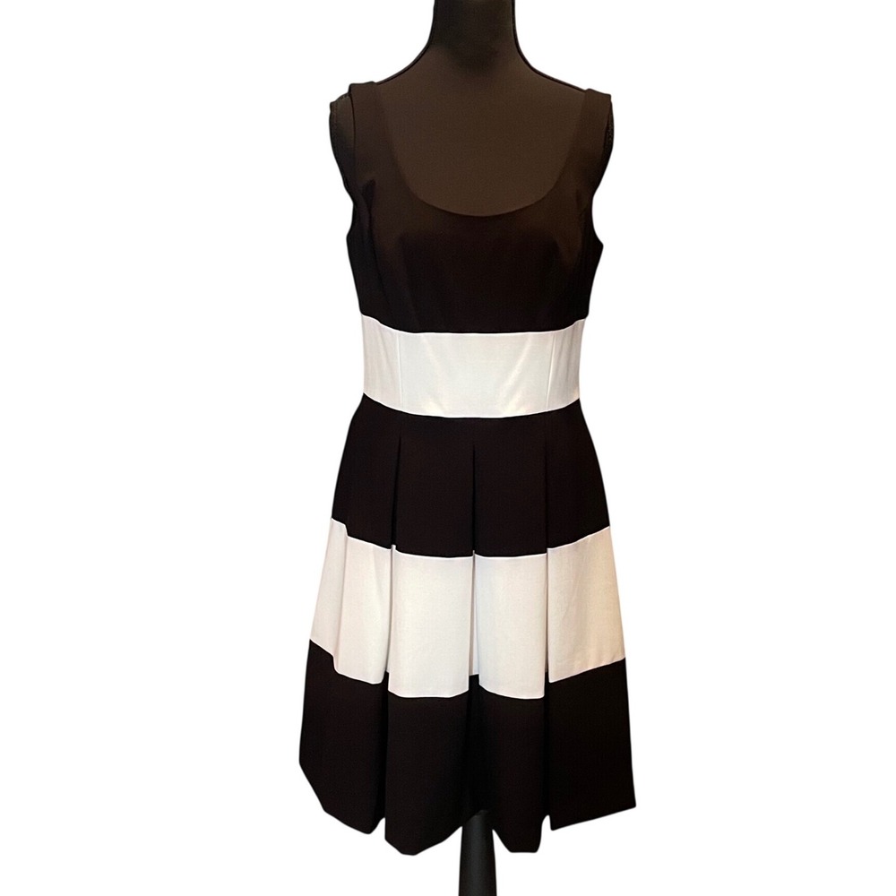 Lauren Ralph Lauren Black White Striped Fit & Flare Dress Scoop Neck Sz 6 Retro